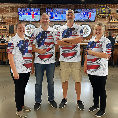 Darts team wearing matching white grunge American flag custom darts jerseys front view.