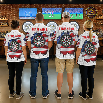 Back view of darts team wearing matching white grunge American flag darts shirts.