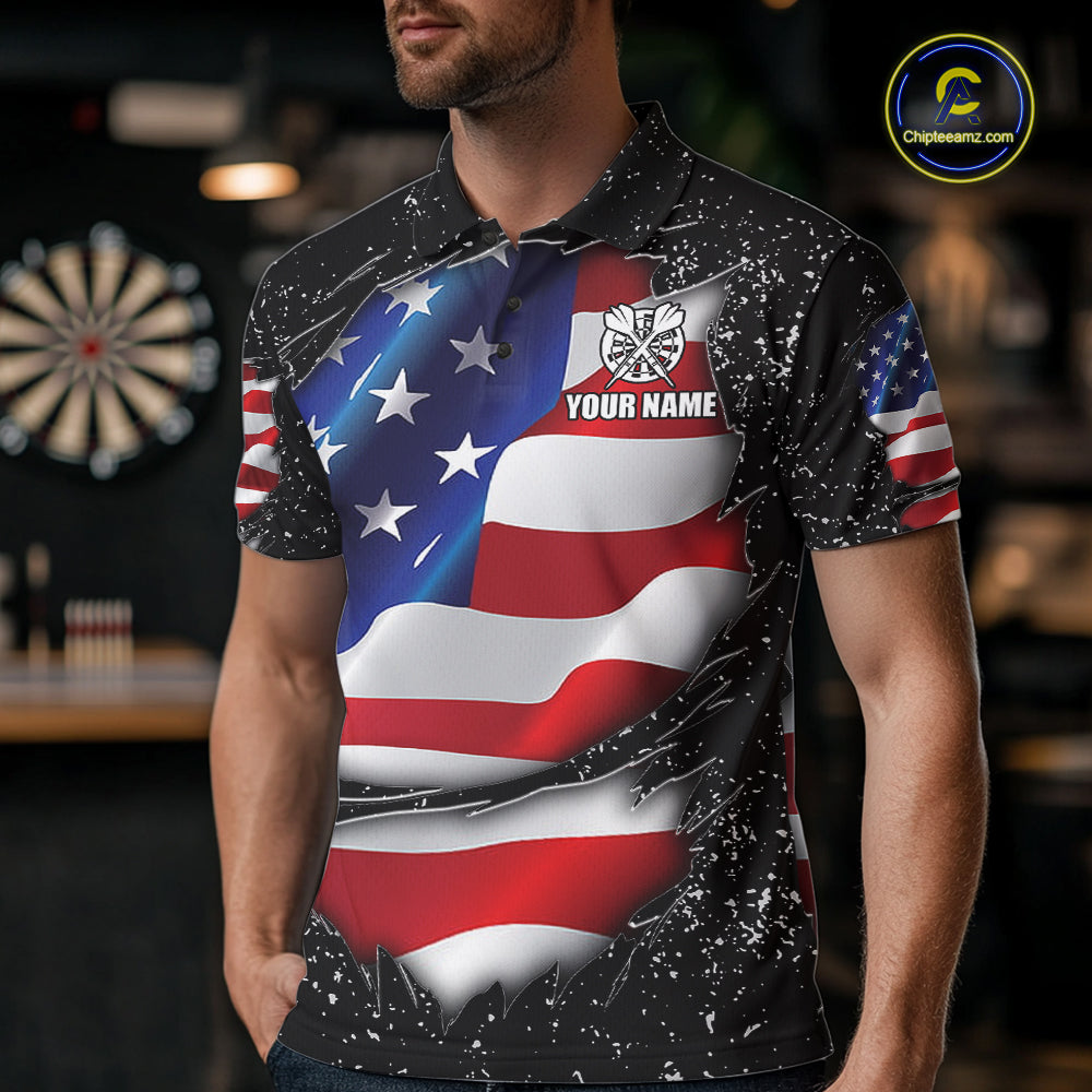 Man wearing a black grunge American flag darts jersey front view, personalized patriotic darts team shirt.