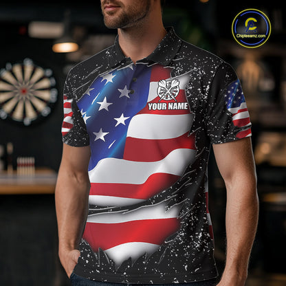 Man wearing a black grunge American flag darts jersey front view, personalized patriotic darts team shirt.
