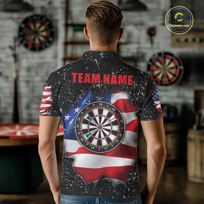 Back view of man wearing a black grunge American flag darts team jersey, custom darts tournament apparel.