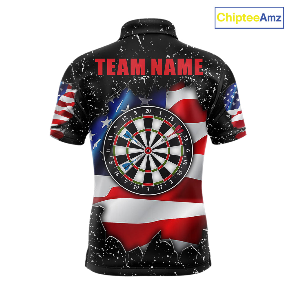 Black grunge American flag darts team polo shirt for men with distressed USA flag graphics.