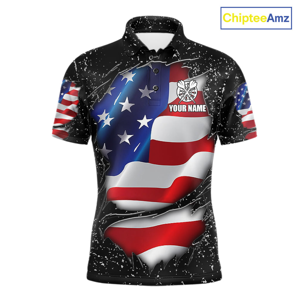 Black grunge American flag custom darts polo shirt for men, patriotic darts team jersey for league tournaments.