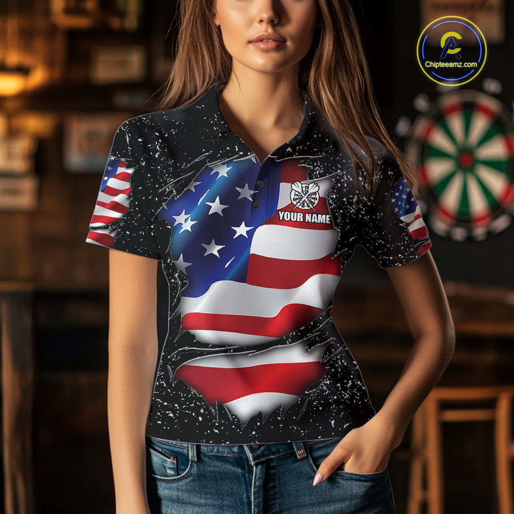 Woman wearing a black grunge American flag darts jersey front view, personalized patriotic darts team shirt.