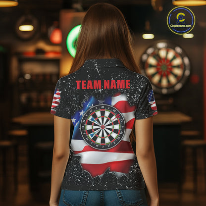 Back view of woman wearing a black grunge American flag darts team jersey, custom darts tournament apparel.