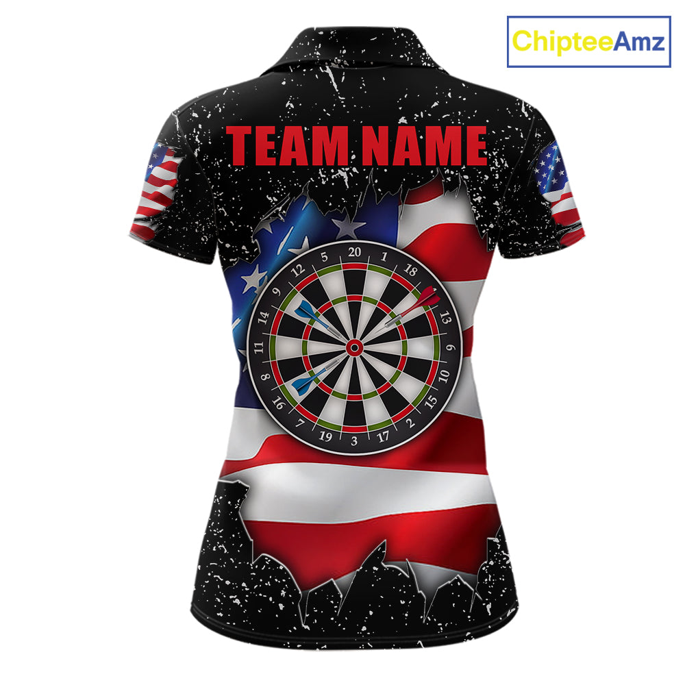 Black grunge American flag darts team polo shirt for women with distressed USA flag graphics.