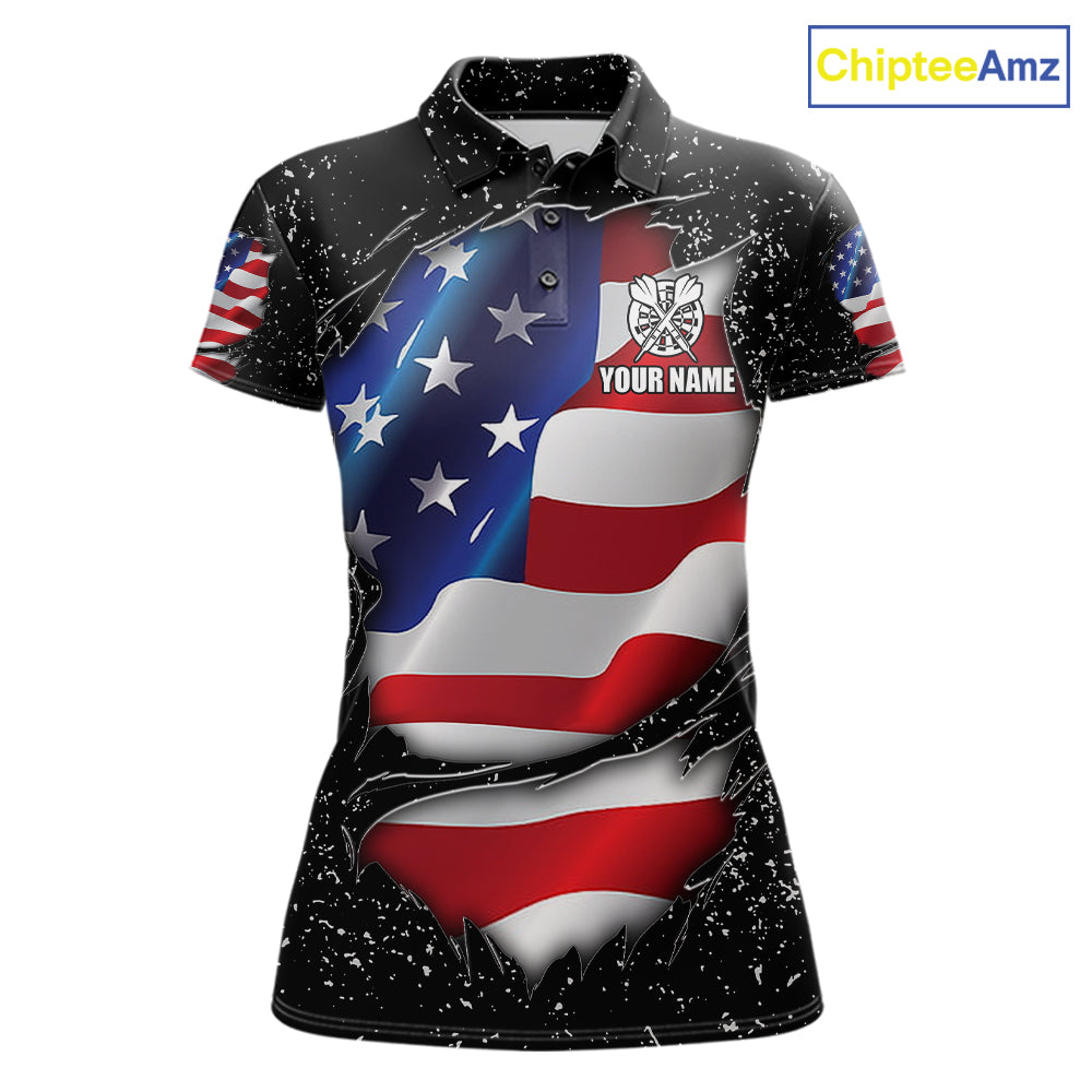 Black grunge American flag custom darts polo shirt for women, patriotic darts team jersey for league tournaments.