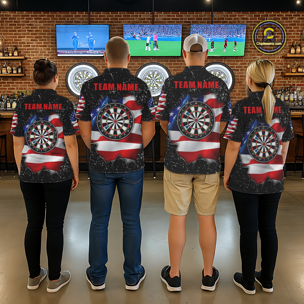 Back view of darts team wearing matching black grunge American flag darts shirts.