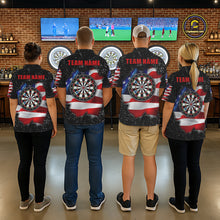 Load image into Gallery viewer, Back view of darts team wearing matching black grunge American flag darts shirts.