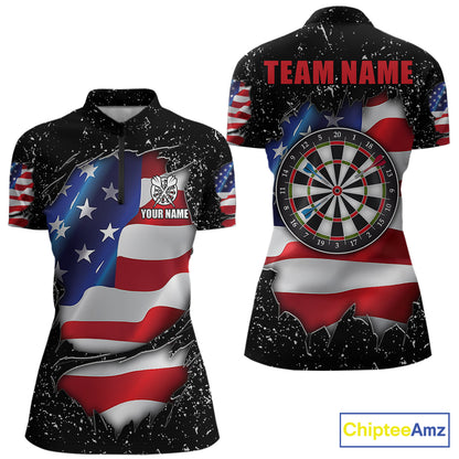 Black grunge American flag quarter zip darts shirt for women, custom darts team jersey and tournament apparel.