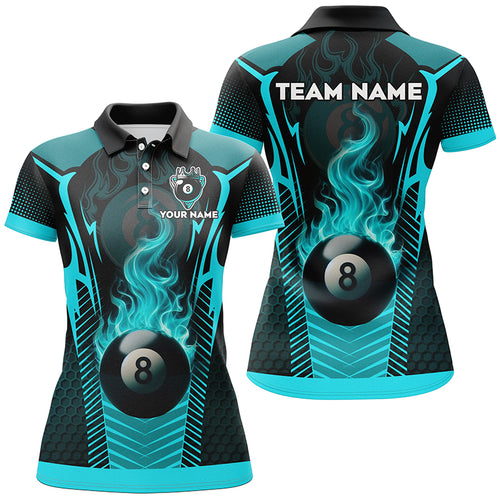 Turquoise 8 Ball Pool Fire Flame Custom 3D Billiard Shirts For Women, Billiard Sport Team Jerseys TDM2847