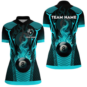 Turquoise 8 Ball Pool Fire Flame Custom 3D Billiard Shirts For Women, Billiard Sport Team Jerseys TDM2847