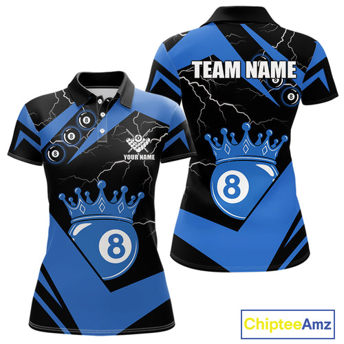 Black And Blue 8 Ball Crown Lightning Women's Billiard Shirt Custom Pool Team Jersey Polo & 1/4 Zip TDM5311