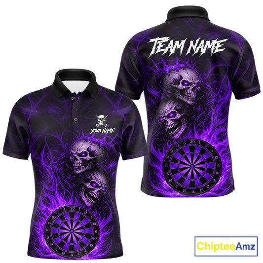 Personalized Purple Flaming Skull Darts Polo & 1/4 Zip For Men Custom Fire Darts Team Jersey TDM5807