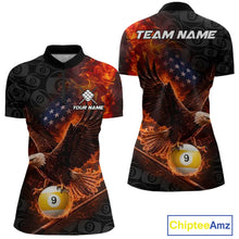 Load image into Gallery viewer, Flaming US Flag Eagle 9 Ball Billiard Shirt For Women Custom Patriotic Pool Jersey Polo &amp; 1/4 Zip TDM6412