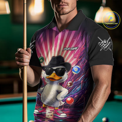Funny Duck 8 Ball Billiard Shirt For Men Custom Neon Graffiti Billiard Team Jersey Polo & 1/4 Zip TDM6613