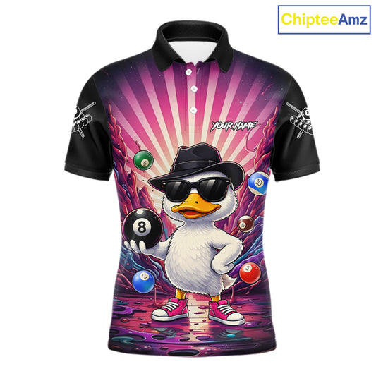 Billiard polo shirt with a cartoon duck holding a pool ball on a colorful background