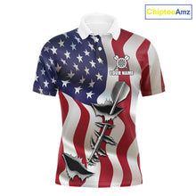 Load image into Gallery viewer, Personalized American flag steel tip dart custom darts polo shirt for men, patriotic darts team jersey.