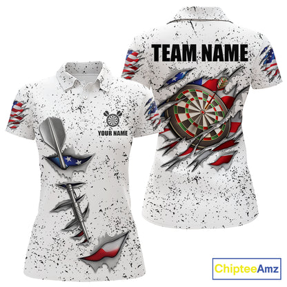 American flag steel tip dart darts team polo shirt for women with patriotic USA graphics.