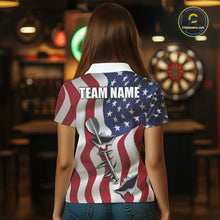 Load image into Gallery viewer, Back view of woman wearing a personalized American flag steel tip dart darts team jersey, custom darts tournament apparel.