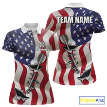 Load image into Gallery viewer, American flag steel tip dart darts team polo shirt for women with patriotic USA graphics.