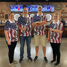 Load image into Gallery viewer, Darts team wearing matching American flag steel tip dart custom darts jerseys front view.