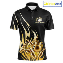 Load image into Gallery viewer, Black and gold bowling ball crown custom bowling polo shirt for men, flame bowling team jersey for tournaments.