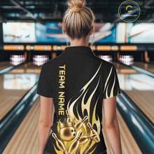 Load image into Gallery viewer, Back view of woman wearing a black and gold bowling ball crown bowling polo shirt.