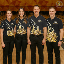 Load image into Gallery viewer, Bowling team wearing matching black and gold bowling ball crown custom bowling jerseys front view.