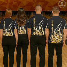 Load image into Gallery viewer, Back view of bowling team wearing matching black and gold bowling ball crown bowling league jerseys