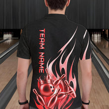 Load image into Gallery viewer, Back view of man wearing a black and red bowling ball crown bowling polo shirt, custom bowling team jersey design.