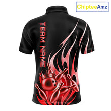 Load image into Gallery viewer, Black and red bowling ball crown custom bowling polo shirt for men, flame bowling team jersey for tournaments.