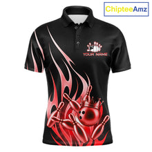 Load image into Gallery viewer, Black and red bowling ball crown custom bowling polo shirt for men, flame bowling team jersey for tournaments.