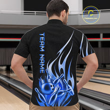 Load image into Gallery viewer, Back view of man wearing a black and blue bowling ball crown quarter zip bowling shirt, bowling league team uniform.