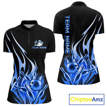 Load image into Gallery viewer, Black and blue bowling ball crown bowling team polo shirt for women with flame bowling graphics.