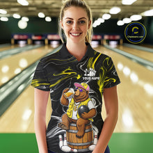 Load image into Gallery viewer, Woman wearing a funny beer bear bowling polo shirt front view.