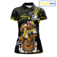 Load image into Gallery viewer, Funny beer bear custom bowling polo shirt for women, personalized bowling league team jersey.