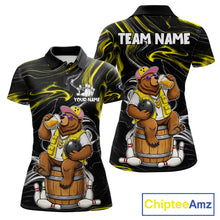 Load image into Gallery viewer, Funny beer bear bowling team polo shirt for women with humorous bowling graphics.