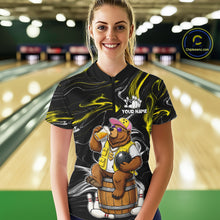 Load image into Gallery viewer, Woman wearing a funny beer bear quarter zip bowling shirt front view.