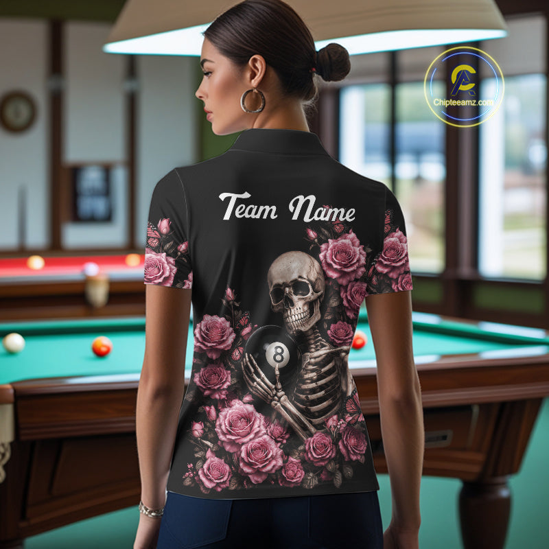 Woman Wearing Custom Pink 8 Ball Pool Roses Skeleton Gothic Pool Team Jersey Featuring the Complete Rear Graphic Design, Back View