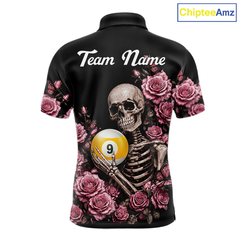 Pink 8 Ball 9 Ball Roses Skeleton Gothic Pool Polo Shirt Designed for Personalized Billiard Team Jerseys with Premium Athletic Performance and Artistic Style