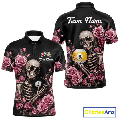 Custom Pink 8 Ball 9 Ball Roses and Skeleton Gothic Billiard Polo Shirt Featuring Elegant Gothic Artwork for Pool League Players, Team Competition, and Tournament Events