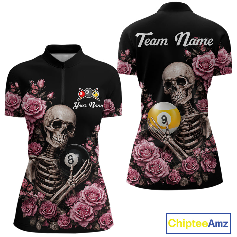 Custom Pink 8 Ball 9 Ball Roses and Skeleton Gothic Billiard Polo Shirt Featuring Elegant Gothic Artwork for Pool League Players, Team Competition, and Tournament Events