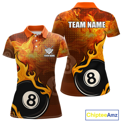 Orange Flaming 8 Ball Pool Billiard Shirt For Women Custom Fire Billiard Jersey Team Polo & 1/4 Zip TDM5316