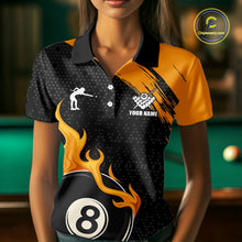 Load image into Gallery viewer, Black And Orange Flaming 8 Ball Billiard Shirt For Women Custom Pool Team Jersey Polo &amp; 1/4 Zip TDM5317
