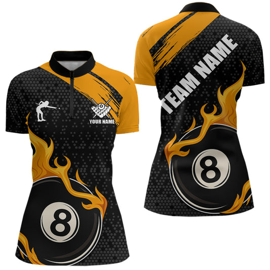 Black And Orange Flaming 8 Ball Billiard Shirt For Women Custom Pool Team Jersey Polo & 1/4 Zip TDM5317