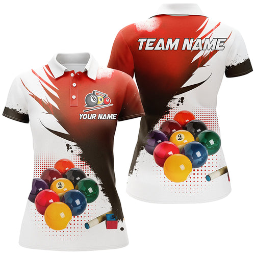 Personalized 3D 9 Ball Pool Billiard Jerseys Women Polo Shirts, Custom Billiard Team Shirts |Red TDM1146