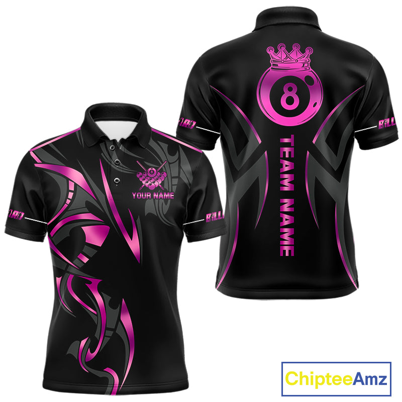 Custom Pink 8 Ball Pool Crown Billiard Shirts For Men, Billiard Team Jersey Polo & 1/4 Zip |Black TDM6193
