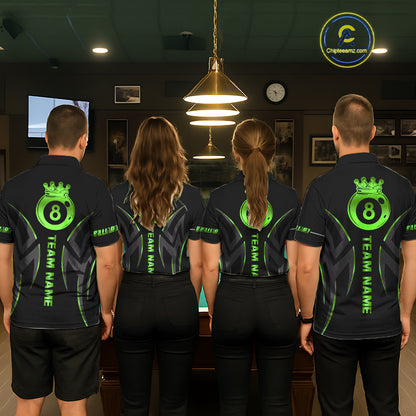 Custom Green 8 Ball Pool Crown Billiard Shirts For Women, Billiard Team Jersey Polo & 1/4 Zip |Black TDM6194