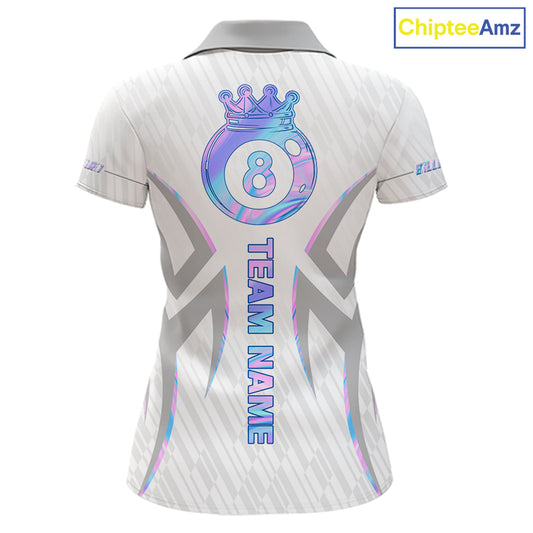 Custom Holographic 8 Ball Crown Billiard Shirts For Women, Pool Team Jersey Polo & 1/4 Zip |White TDM6195